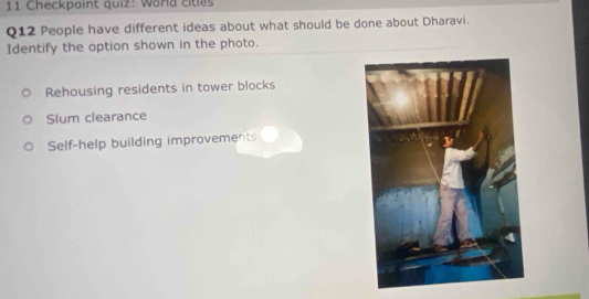 Checkpoint quiz: World citles
Q12 People have different ideas about what should be done about Dharavi.
Identify the option shown in the photo.
Rehousing residents in tower blocks
Slum clearance
Self-help building improvements