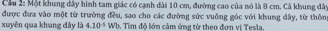 Cầu 2: Một khung dây hình tam giác có cạnh dài 10 cm, đường cao của nó là 8 cm. Cả khung dây 
được đưa vào một từ trường đều, sao cho các đường sức vuông góc với khung dây, từ thông 
xuyên qua khung dây là 4.10^(-5)Wb. Tìm độ lớn cảm ứng từ theo đơn vị Tesla.