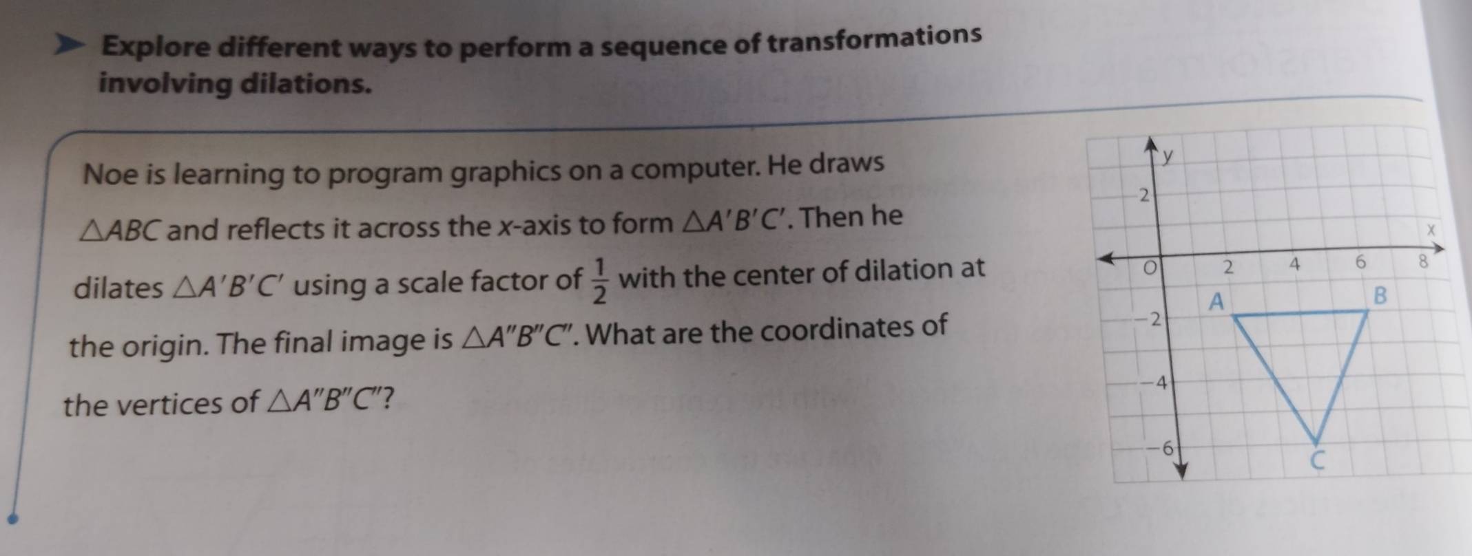 Explore different ways to perform a sequence of transformations 
involving dilations. 
Noe is learning to program graphics on a computer. He draws
△ ABC and reflects it across the x-axis to form △ A'B'C'. Then he 
dilates △ A'B'C' using a scale factor of  1/2  with the center of dilation at 
the origin. The final image is △ A''B''C''. What are the coordinates of 
the vertices of △ A''B''C'' ?