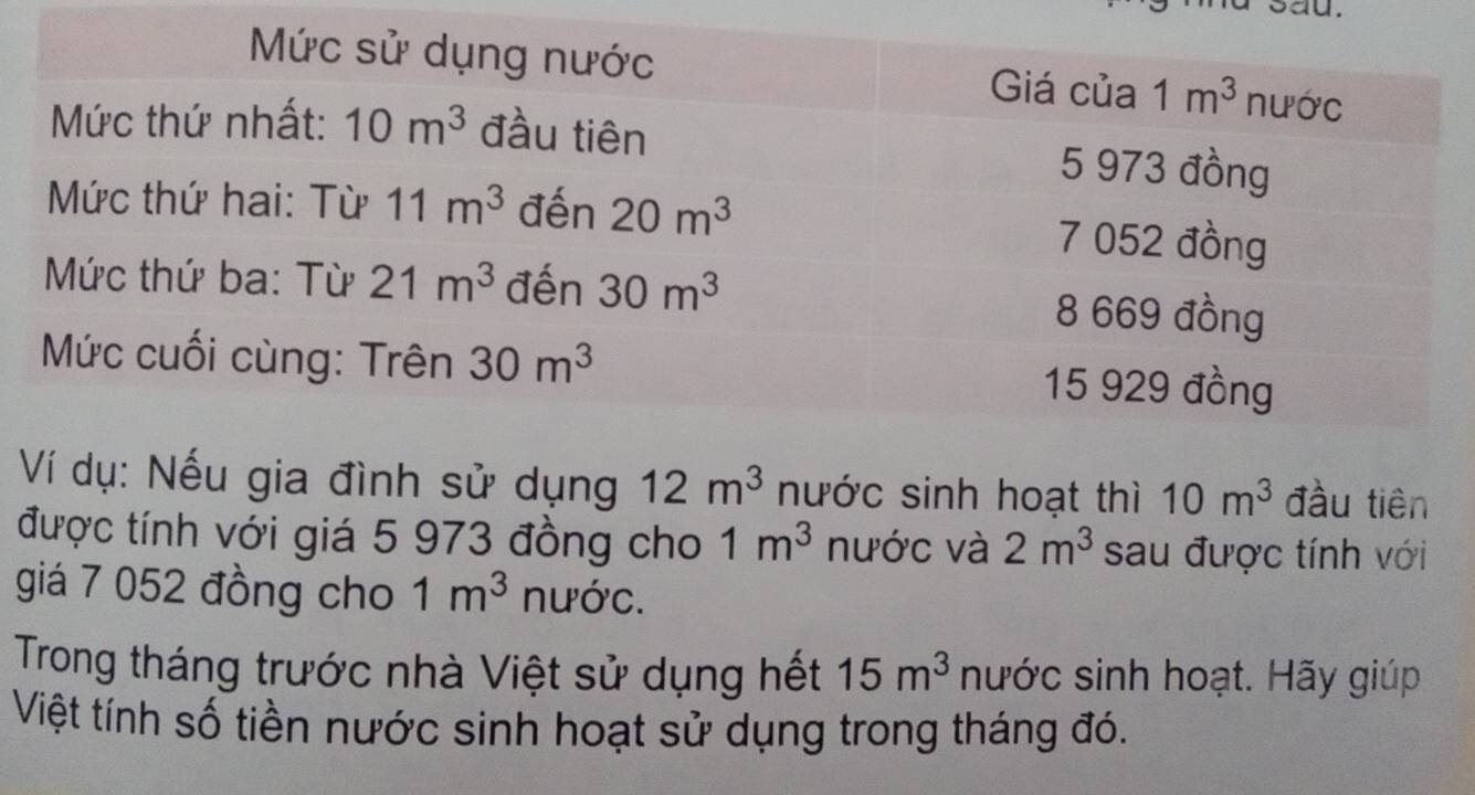 sau.
Ví dụ: Nếu gia đình sử dụng 12m^3 nước sinh hoạt thì 10m^3 đầu tiên
được tính với giá 5 973 đồng cho 1m^3 nước và 2m^3 sau được tính với
giá 7 052 đồng cho 1m^3 nước.
Trong tháng trước nhà Việt sử dụng hết 15m^3 nước sinh hoạt. Hãy giúp
Việt tính số tiền nước sinh hoạt sử dụng trong tháng đó.