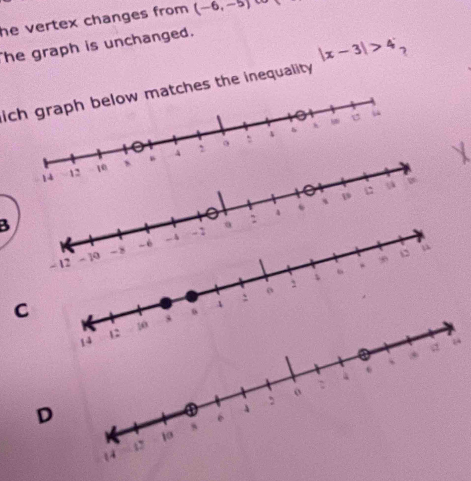he vertex changes from . (-6,-5) i 
he graph is unchanged.
|x-3|>4 7 
ich graph below matches the inequality 
、
4
B
- 6 -4 ~ 2 0
12 - ] 0 -8
,
12 a
4 6
θ
C
4
14
12
10
d 
*
0
, 
D 
① 4
s
14