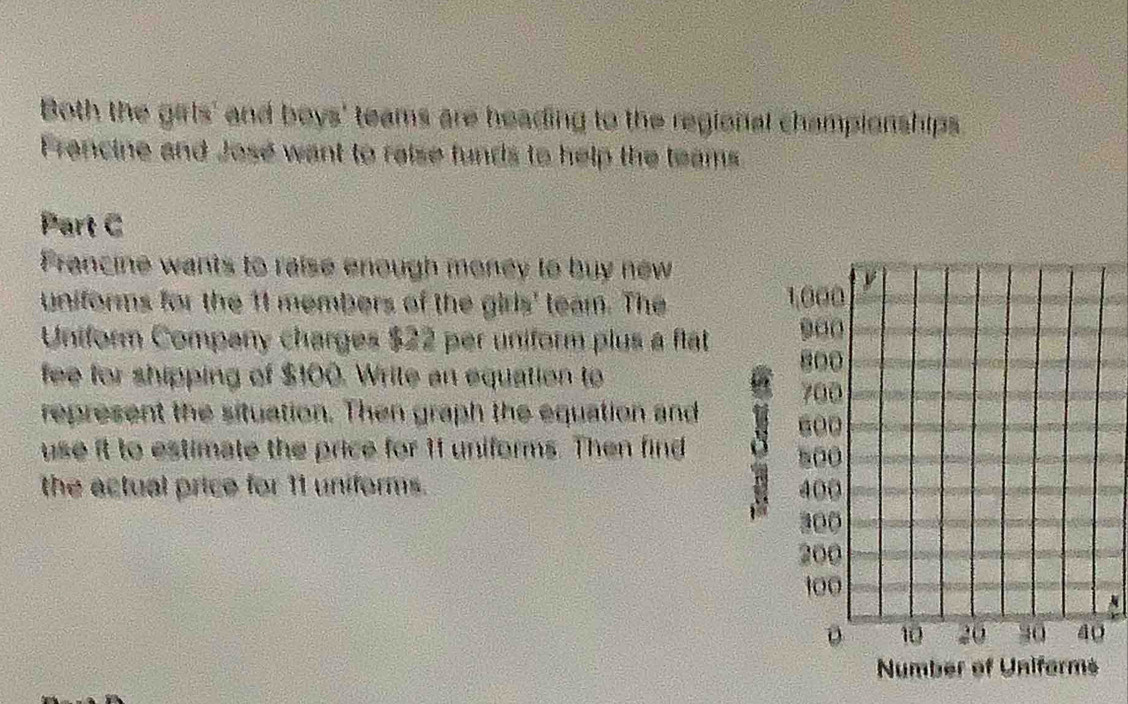 Both the girls' and boys' teams are heading to the regional championships. 
Francine and José want to raise funds to help the teams 
Part C 
Francine wants to raise enough money to buy new 
uniforms for the 11 members of the girls' team. The 
Uniform Company charges $22 per uniform plus a flat 
fee for shipping of $100. Write an equation to 
represent the situation. Then graph the equation and 
use it to estimate the price for 11 uniforms. Then find 
the actual price for 11 uniforms. 
Num