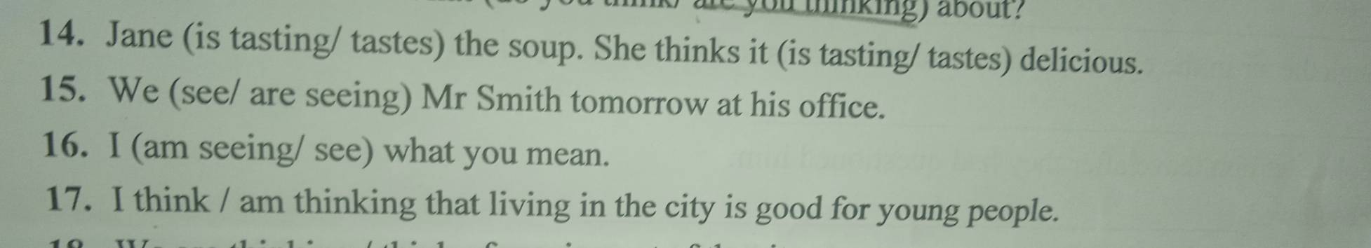 you thinking) about? 
14. Jane (is tasting/ tastes) the soup. She thinks it (is tasting/ tastes) delicious. 
15. We (see/ are seeing) Mr Smith tomorrow at his office. 
16. I (am seeing/ see) what you mean. 
17. I think / am thinking that living in the city is good for young people.