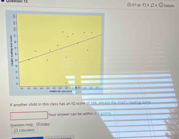 □0/1 pt つ 3 %4 ① Details 

8 
8 
R
8

2
90 95 100 105 110 1i5 120 125
Child's IQ test score 
If another child in this class has an IQ score of 106, predict the child's reading score. 
1 Your answer can be within ± 5 points 
Question Help: Video 
I Calculator