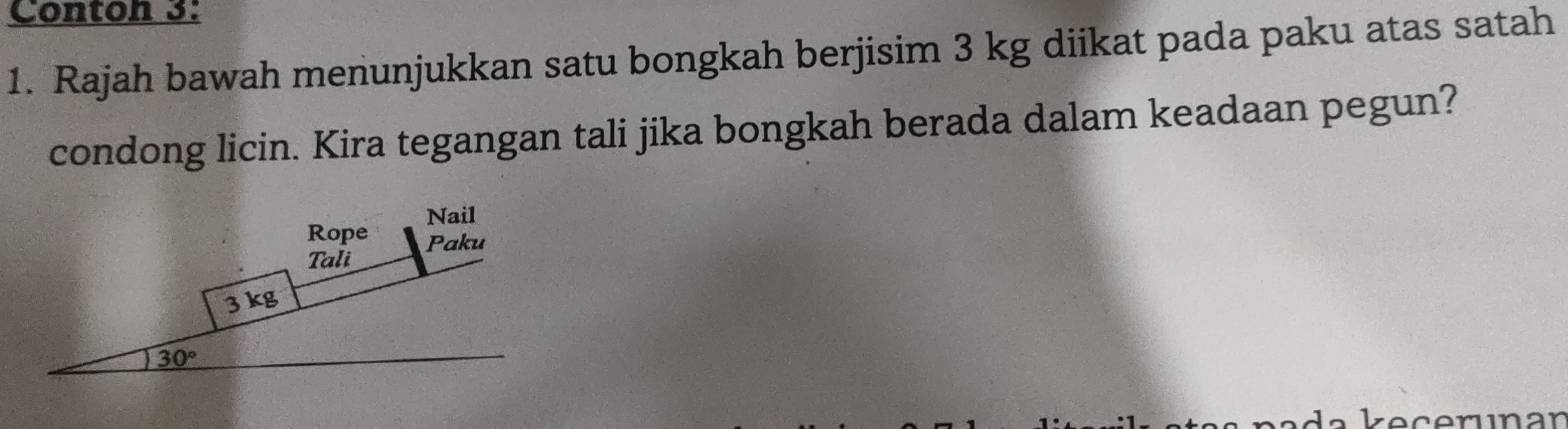 Contoh 3:
1. Rajah bawah menunjukkan satu bongkah berjisim 3 kg diikat pada paku atas satah
condong licin. Kira tegangan tali jika bongkah berada dalam keadaan pegun?