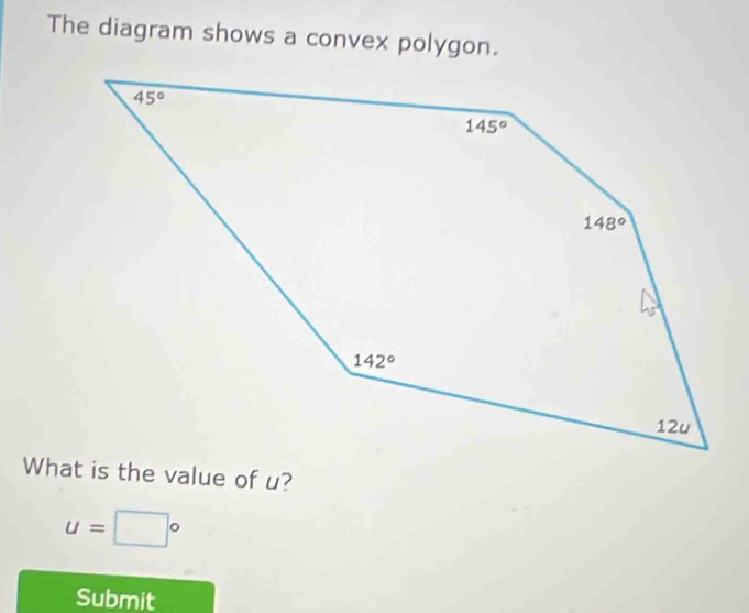 The diagram shows a convex polygon.
u=□°
Submit