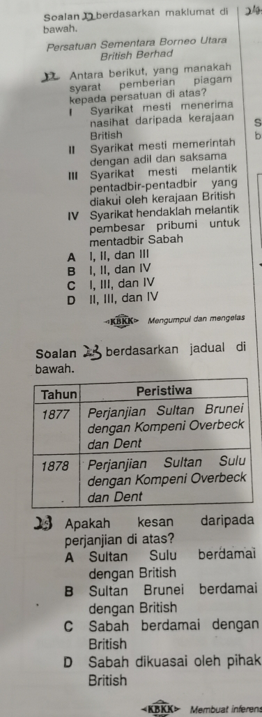 Soalan berdasarkan maklumat di
bawah.
Persatuan Sementara Borneo Utara
British Berhad
D Antara berikut, yang manakah
syarat pemberian piagam
kepada persatuan di atas?
I Syarikat mesti menerima
nasihat daripada kerajaan S
British
I Syarikat mesti memerintah b
dengan adil dan saksama
III Syarikat mesti melantik
pentadbir-pentadbir yang
diakui oleh kerajaan British
IV Syarikat hendaklah melantik
pembesar pribumi untuk
mentadbir Sabah
A I, II, dan III
B I, II, dan IV
C I, III, dan IV
D II, III, dan IV
KBKK Mengumpul dan mengelas
Soalan berdasarkan jadual di
bawah.
Apakah kesan daripada
perjanjian di atas?
A Sultan Sulu berdamai
dengan British
B Sultan Brunei berdamai
dengan British
C Sabah berdamai dengan
British
D Sabah dikuasai oleh pihak
British
Membuat inferens