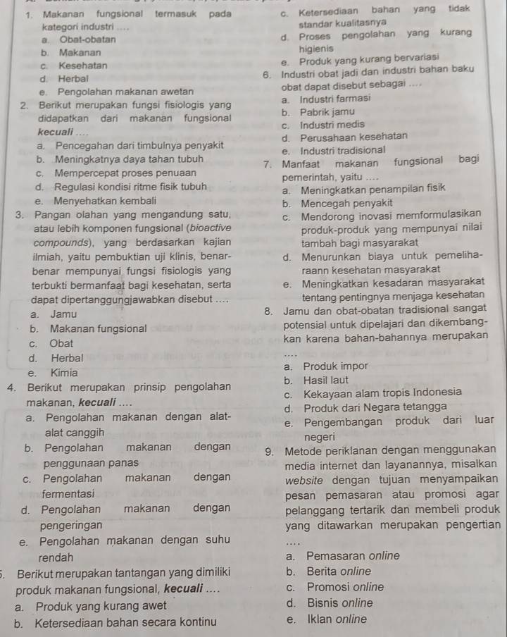 Makanan fungsional termasuk pada c. Ketersediaan bahan yang tidak
kategori industri .... standar kualitasnya
a. Obat-obatan d. Proses pengolahan yang kurang
b. Makanan higienis
c. Kesehatan e. Produk yang kurang bervariasi
d. Herbal 6. Industri obat jadi dan industri bahan baku
e. Pengolahan makanan awetan obat dapat disebut sebagai ....
a. Industri farmasi
2. Berikut merupakan fungsi fisiologis yang b. Pabrik jamu
didapatkan dari makanan fungsional
kecuali .... c. Industri medis
a. Pencegahan dari timbulnya penyakit d. Perusahaan kesehatan
b. Meningkatnya daya tahan tubuh e. Industri tradisional
c. Mempercepat proses penuaan 7. Manfaat makanan fungsional bagi
d. Regulasi kondisi ritme fisik tubuh pemerintah, yaitu ....
e. Menyehatkan kembali a. Meningkatkan penampilan fisik
b. Mencegah penyakit
3. Pangan olahan yang mengandung satu, c. Mendorong inovasi memformulasikan
atau lebih komponen fungsional (bioactive produk-produk yang mempunyai nilai
compounds), yang berdasarkan kajian tambah bagi masyarakat
ilmiah, yaitu pembuktian uji klinis, benar- d. Menurunkan biaya untuk pemeliha-
benar mempunyai fungsi fisiologis yang raann kesehatan masyarakat
terbukti bermanfaat bagi kesehatan, serta e. Meningkatkan kesadaran masyarakat
dapat dipertanggungjawabkan disebut .... tentang pentingnya menjaga kesehatan
a. Jamu 8. Jamu dan obat-obatan tradisional sangat
b. Makanan fungsional potensial untuk dipelajari dan dikembang-
c. Obat kan karena bahan-bahannya merupakan
d. Herbal
e. Kimia a. Produk impor
4. Berikut merupakan prinsip pengolahan b. Hasil laut
makanan, kecuali .... c. Kekayaan alam tropis Indonesia
d. Produk dari Negara tetangga
a. Pengolahan makanan dengan alat- e. Pengembangan produk dari luar
alat canggih negeri
b. Pengolahan makanan dengan 9. Metode periklanan dengan menggunakan
penggunaan panas media internet dan layanannya, misalkan
c. Pengolahan makanan dengan website dengan tujuan menyampaikan
fermentasi pesan pemasaran atau promosi agar
d. Pengolahan makanan dengan pelanggang tertarik dan membeli produk
pengeringan yang ditawarkan merupakan pengertian 
e. Pengolahan makanan dengan suhu ….
rendah a. Pemasaran online
. Berikut merupakan tantangan yang dimiliki b. Berita online
produk makanan fungsional, kecuali .... c. Promosi online
a. Produk yang kurang awet d. Bisnis online
b. Ketersediaan bahan secara kontinu e. Iklan online