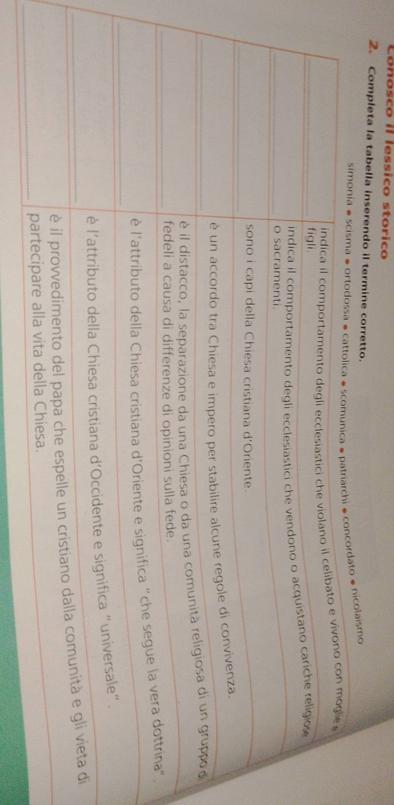 Conosco il lessico storico 
2. Completa la tabella inserendo il termine corretto. 
to é nicolaismo