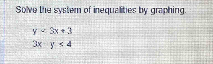 Solve the system of inequalities by graphing.
y<3x+3
3x-y≤ 4