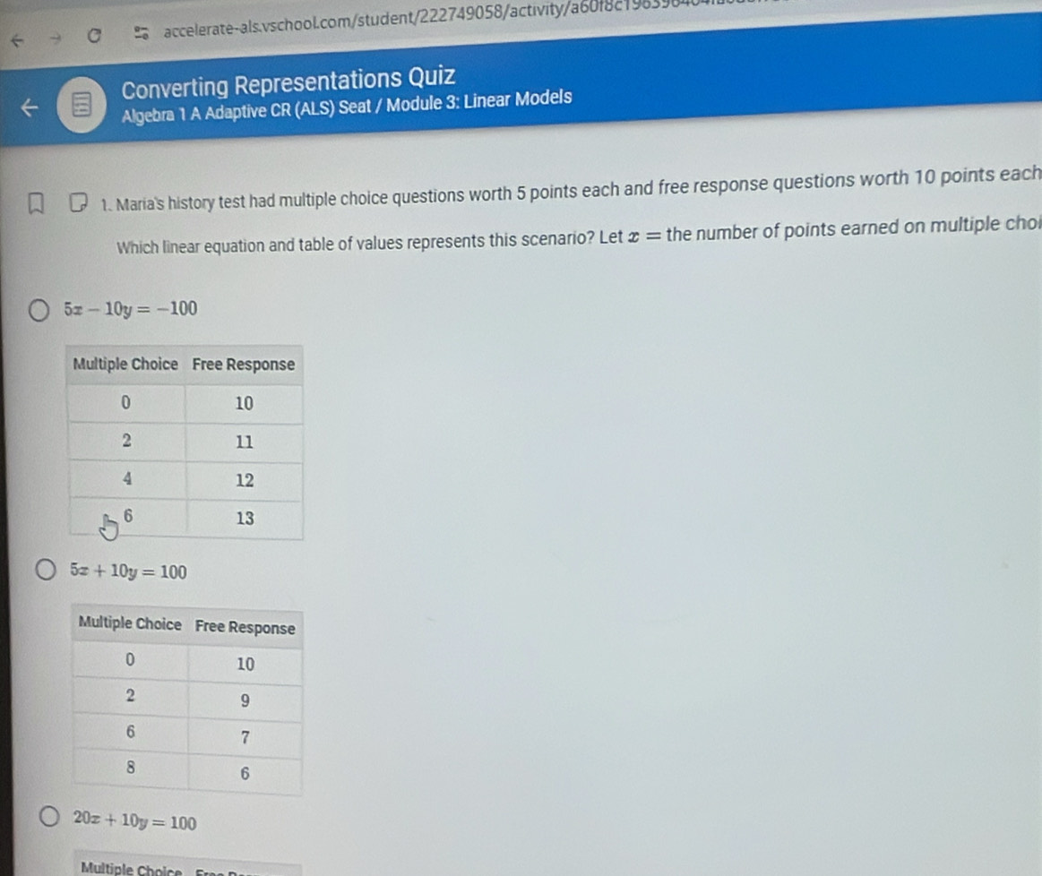 Converting Representations Quiz
Algebra 1 A Adaptive CR (ALS) Seat / Module 3: Linear Models
1. Maria's history test had multiple choice questions worth 5 points each and free response questions worth 10 points each
Which linear equation and table of values represents this scenario? Let x= the number of points earned on multiple cho
5x-10y=-100
5x+10y=100
20x+10y=100
Multiple Choic