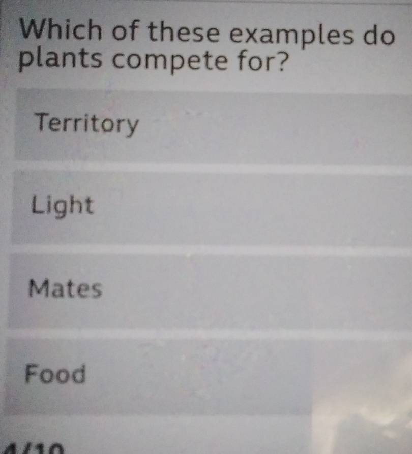 Which of these examples do
plants compete for?
Territory
Light
Mates
Food