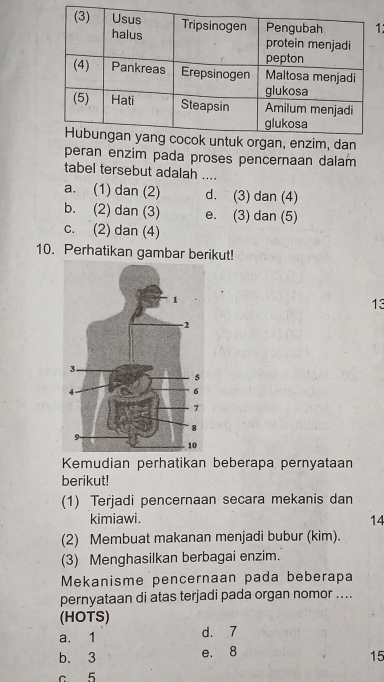 peran enzim pada proses pencernaan dalam
tabel tersebut adalah ....
a. (1) dan (2) d. (3) dan (4)
b. (2) dan (3) e. (3) dan (5)
c. (2) dan (4)
10. Perhatikan gambar berikut!
13
Kemudian perhatikan beberapa pernyataan
berikut!
(1) Terjadi pencernaan secara mekanis dan
kimiawi. 14
(2) Membuat makanan menjadi bubur (kim).
(3) Menghasilkan berbagai enzim.
Mekanisme pencernaan pada beberapa
pernyataan di atas terjadi pada organ nomor ....
(HOTS)
a. 1 d. 7
b. 3 e. 8
15
c 5