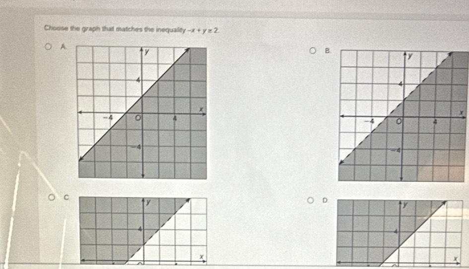 Choose the graph that matches the inequality -x+y≥ 2. 
A.
B.
x

C
y
D
y
4
4
x
x