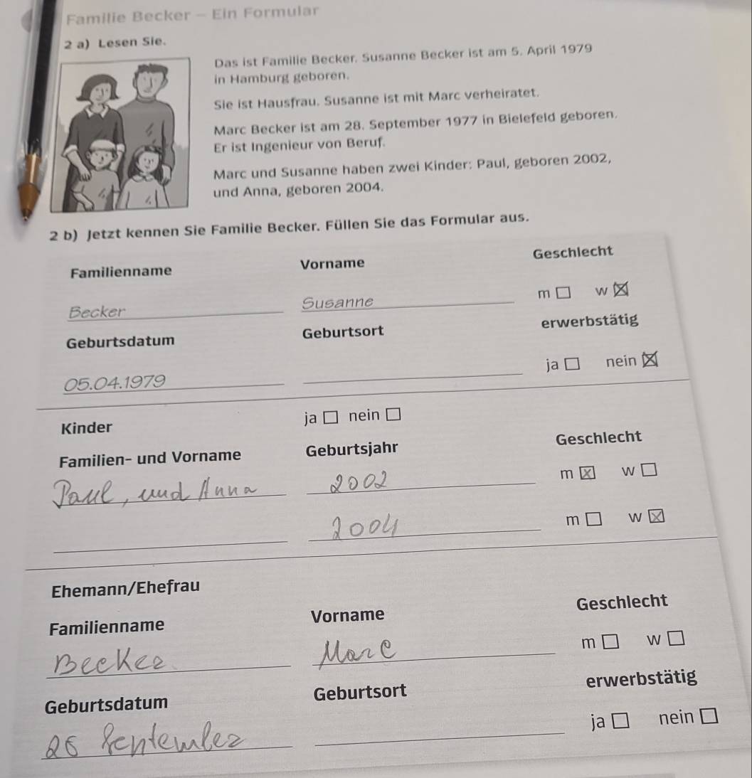 Familie Becker - Ein Formular 
2 a) Lesen Sie. 
Das ist Familie Becker. Susanne Becker ist am 5. April 1979 
in Hamburg geboren. 
Sie ist Hausfrau. Susanne ist mit Marc verheiratet. 
Marc Becker ist am 28. September 1977 in Bielefeld geboren. 
Er ist Ingenieur von Beruf. 
Marc und Susanne haben zwei Kinder: Paul, geboren 2002, 
und Anna, geboren 2004. 
2 b) Jetzt kennen Sie Familie Becker. Füllen Sie das Formular aus. 
Familienname Vorname Geschlecht 
Becker Susanne_ m w 
Geburtsdatum Geburtsort erwerbstätig 
ja 
05.04.1979 _nein 
Kinder 
ja nein 
Familien- und Vorname Geburtsjahr Geschlecht 
_ 
m x W 
_ 
_ 
m W 
_ 
Ehemann/Ehefrau 
Familienname Vorname Geschlecht 
_ 
m W 
_ 
Geburtsdatum Geburtsort erwerbstätig 
ja nein □ 
_ 
_