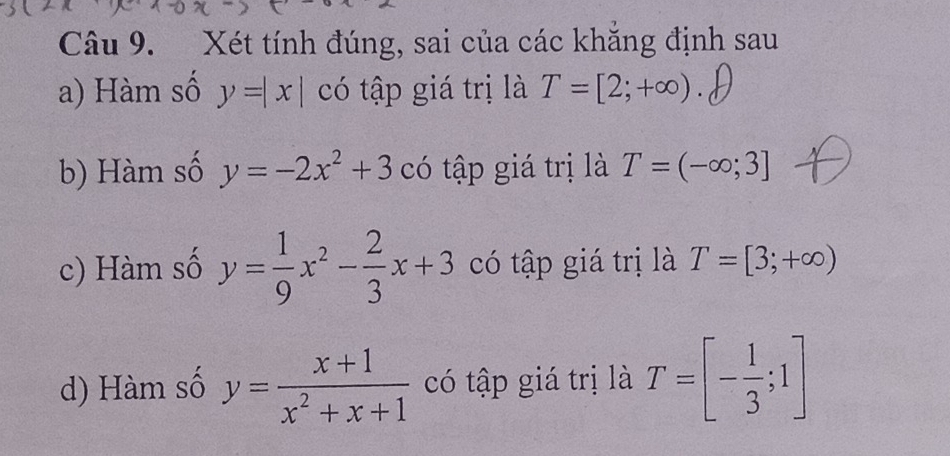 Xét tính đúng, sai của các khăng định sau 
a) Hàm số y=|x| có tập giá trị là T=[2;+∈fty ). 
b) Hàm số y=-2x^2+3 có tập giá trị là T=(-∈fty ;3]
c) Hàm số y= 1/9 x^2- 2/3 x+3 có tập giá trị là T=[3;+∈fty )
d) Hàm số y= (x+1)/x^2+x+1  có tập giá trị là T=[- 1/3 ;1]