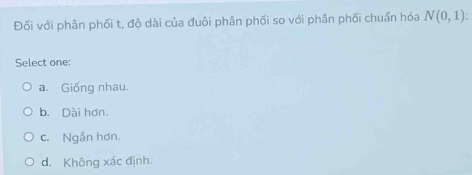 Đối với phân phối t, độ dài của đuôi phân phối so với phân phối chuẩn hóa N(0,1)
Select one:
a. Giống nhau.
b. Dài hơn.
c. Ngắn hơn.
d. Không xác định.