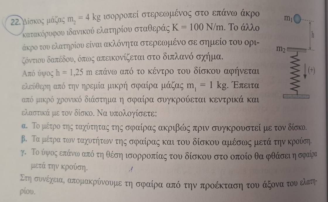 Δίσκος μάζας m_2=4kg ισορροπεί στερεωμένος στο επάνω άκρο
κατακόρυφου ιδανικού ελατηρίου σταθεράς K=100N/m. Το άλλο
άκρο του ελατηρίου είναι ακλόνητα στερεωμένο σε σημείο του ορι-
Κόντιου δαπέδουΚ όπως απεικονίζεται στο διπλανό σχήμα.
Από ύψος h=1,25m πάνω από το κέντρο του δίσκου αφήνεται
Ελεύθερη από την ηρεμία μικρή σφαίρα| udSas m_1=1kg;. Επειτα
από μικρό χρονικό διάστημα η σφαίρα συγκρούεται κεντρικά και
ελαστικά με τον δίσκο. Να υπολογίσετε:
α. Το μέτρο της ταχύίτητας της σφαίρας ακριβώς πριν συγκρουστεί με τον δίσκο.
β. Τα μέτρα των ταχυτήτων της σφαίρας και του δίσκου αμέσως μετά την κρούση.
γ. Το ύψνος επάνω από τη θέση ισορροπίας του δίσκου στο οποίο θα φθάσειη σφαίρα
μετά την κρούση.
Στη οσυνέχειαΚ απομακρύνουμε τη σφραίραα από την προέκταση του άξοναα τουναοελατητ
piov.