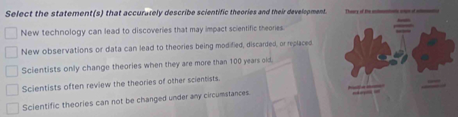 Select the statement(s) that accurately describe scientific theories and their development. Theory of the entementatic son of aientio
New technology can lead to discoveries that may impact scientific theories. Aetl
“”
New observations or data can lead to theories being modified, discarded, or replaced.
Scientists only change theories when they are more than 100 years old.
Scientists often review the theories of other scientists.
-
Scientific theories can not be changed under any circumstances.