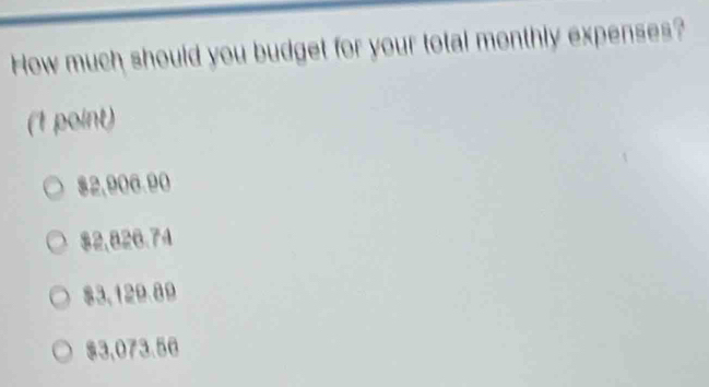 How much should you budget for your total monthly expenses?
(1 point)
$2,906.90
82,826.74
83,129.89
$3,073.56