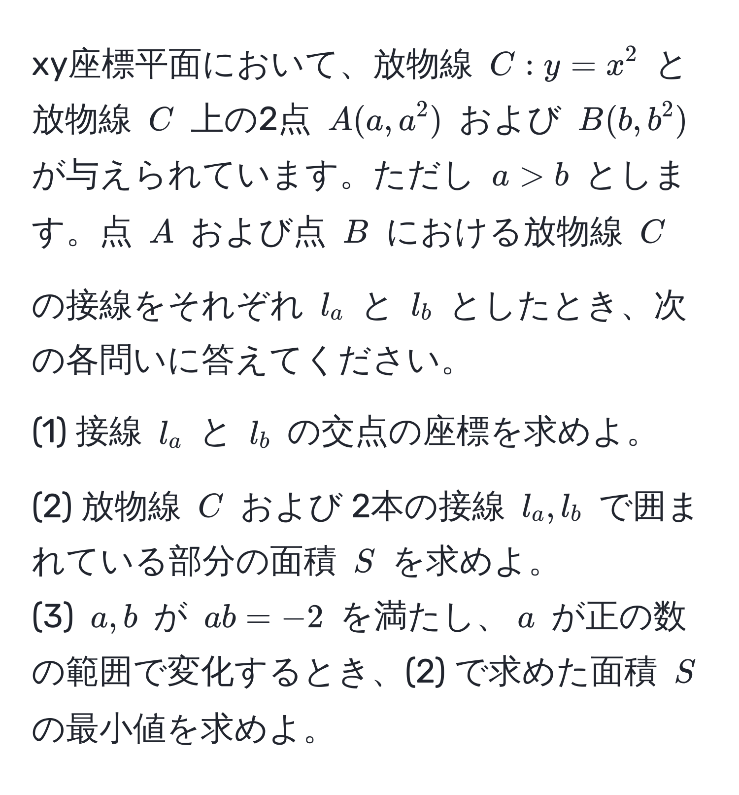 xy座標平面において、放物線 ( C: y = x^2 ) と放物線 ( C ) 上の2点 ( A(a, a^2) ) および ( B(b, b^2) ) が与えられています。ただし ( a > b ) とします。点 ( A ) および点 ( B ) における放物線 ( C ) の接線をそれぞれ ( l_a ) と ( l_b ) としたとき、次の各問いに答えてください。
(1) 接線 ( l_a ) と ( l_b ) の交点の座標を求めよ。
(2) 放物線 ( C ) および 2本の接線 ( l_a, l_b ) で囲まれている部分の面積 ( S ) を求めよ。
(3) ( a, b ) が ( ab = -2 ) を満たし、( a ) が正の数の範囲で変化するとき、(2) で求めた面積 ( S ) の最小値を求めよ。