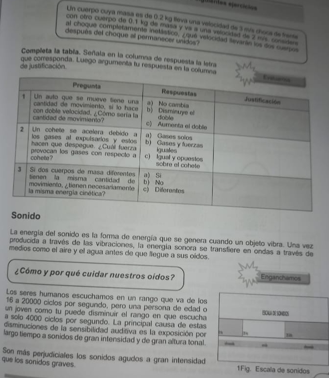 cios ejercicios 
Un cuerpo cuya masa es de 0.2 kg lleva una velocidad de 3 mís choca de frente 
con otro cuerpo de 0.1 kg de masa y va a una velocidad de 2 mís. considere 
al choque completamente inelástico, ¿qué velocidad llevarán los dos cuerpos 
después del choque al permanecer unidos? 
Completa la tabla. Señala en la columna de respuesta la letra 
que corresponda. Luego argumenta tu respuesta en la colum 
de justificación. 
La energía del sonido es la forma de energía que se genera cuando un objeto vibra. Una vez 
producida a través de las vibraciones, la energía sonora se transfiere en ondas a través de 
medios como el aire y el agua antes de que llegue a sus oídos. 
¿Cómo y por qué cuidar nuestros oídos? Enganchamos 
Los seres humanos escuchamos en un rango que va de los
16 a 20000 ciclos por segundo, pero una persona de edad o ESCALA DE SONDOS 
un joven como tu puede disminuir el rango en que escucha 
a solo 4000 ciclos por segundo. La principal causa de estas 
disminuciones de la sensibilidad auditiva es la exposición por 
o n 
zn 
largo tiempo a sonidos de gran intensidad y de gran altura tonal. 
Son más perjudiciales los sonidos agudos a gran intensidad 
que los sonidos graves. 1Fig. Escala de sonidos