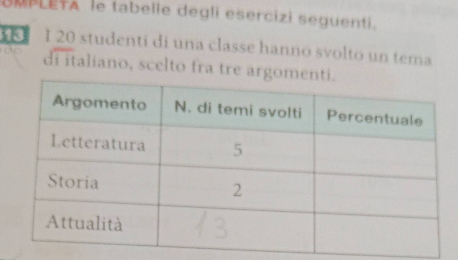 OMPLETA le tabelle degli esercizi seguenti.
18 I 20 studenti di una classe hanno svolto un tema 
di italiano, scelto fra tre arg