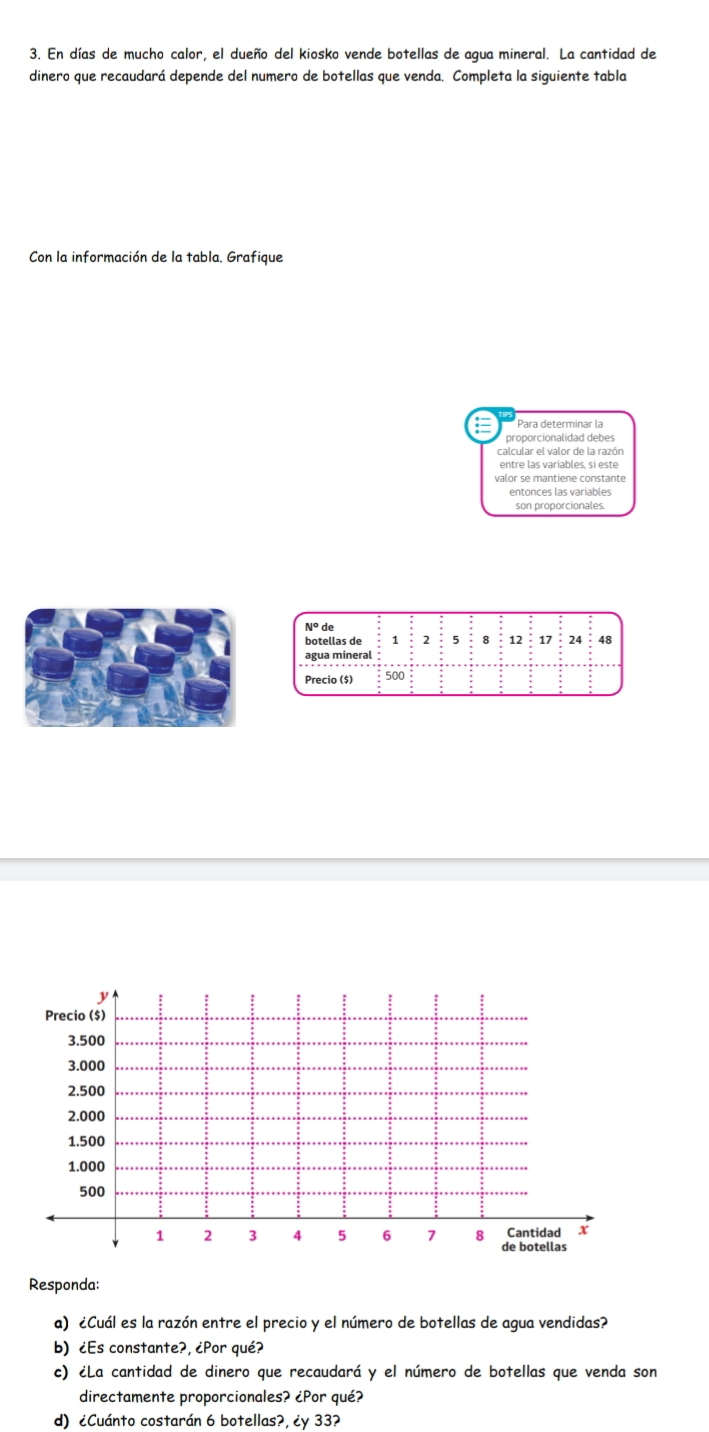 En días de mucho calor, el dueño del kiosko vende botellas de agua mineral. La cantidad de 
dinero que recaudará depende del numero de botellas que venda. Completa la siguiente tabla 
Con la información de la tabla. Grafique 
Para determinar la 
proporcionalidad debes 
calcular el valor de la razón 
entre las variables, si este 
valor se mantiène constante 
son proporcionales.
N^od
botellas de 1 2 5 8 12 17 24 48
agua mineral 
Precio ($) 500
Responda: 
a) ¿Cuál es la razón entre el precio y el número de botellas de agua vendidas? 
b) ¿Es constante?, ¿Por qué? 
c) ¿La cantidad de dinero que recaudará y el número de botellas que venda son 
directamente proporcionales? ¿Por qué? 
d) ¿Cuánto costarán 6 botellas?, ¿y 33?