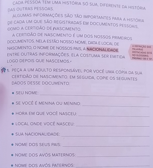 CADA PESSOA TEM UMA HISTÓRIA SÓ SUA, DIFERENTE DA HISTÓRIA 
DAS OUTRAS PESSOAS. 
ALGUMAS INFORMAÇÕES SÃO TÃO IMPORTANTES PARA A HISTÓRIA 
DE CADA UM QUE SÃO REGISTRADAS EM DOCUMENTOS PESSOAIS, 
COMO A CERTIDÃO DE NASCIMENTO. 
A CERTIDÃO DE NASCIMENTO É UM DOS NOSSOS PRIMEIROS 
DOCUMENTOS. NELA ESTÃO NOSSO NOME, DATA E LOCAL DE PALAVRAS A definição das 
NASCIMENTO, O NOME DE NOSSOS PAIS, A NACIONALIDADE. NO GLOSSário, DESTACADAS ESTá 
ENTRE OUTRAS INFORMAÇÕES. ELA COSTUMA SER EMITIDA Páginas 130 e 131. 
LOGO DEPOIS QUE NASCEMOS. 
1. PEÇA A UM ADULTO RESPONSÁVEL POR VOCÊ UMA CÓPIA DA SUA 
CERTIDÃO DE NASCIMENTO. EM SEGUIDA, COPIE OS SEGUINTES 
DADOS DESSE DOCUMENTO: 
SEU NOME:_ 
_ 
SE VOCÊ É MENINA OU MENINO: 
_ 
HORA EM QUE VOCÊ NASCEU: 
_ 
LOCAL ONDE VOCÊ NASCEU: 
SUA NACIONALIDADE:_ 
NOME DOS SEUS PAIS:_ 
NOME DOS AVÓS MATERNOS:_ 
NOME DOS AVÓS PATERNOS:_