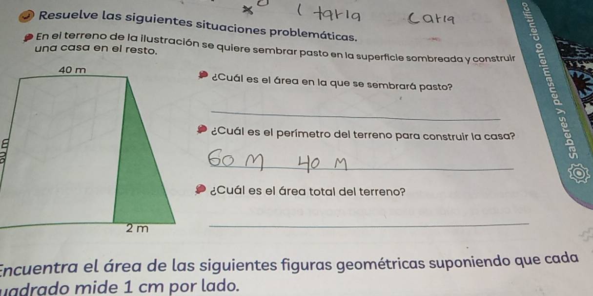 Resuelve las siguientes situaciones problemáticas. 
En el terreno de la ilustración se quiere sembrar pasto en la superficie sombreada y construir 
una casa en el resto. 
¿Cuál es el área en la que se sembrará pasto? 
_ 
¿Cuál es el perímetro del terreno para construir la casa? 
_ 
¿Cuál es el área total del terreno? 
_ 
Encuentra el área de las siguientes figuras geométricas suponiendo que cada 
uadrado mide 1 cm por lado.