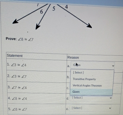 Prove: ∠ 8≌ ∠ 7