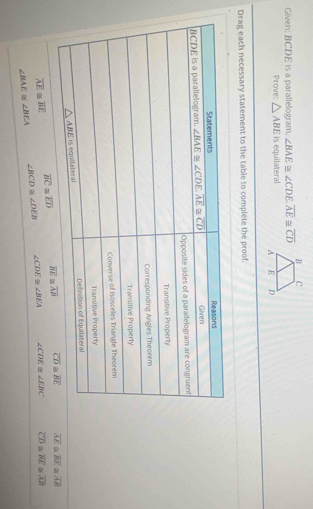 Given: BCDE is a parallelogram, ∠ BAE≌ ∠ CDE,overline AE≌ overline CD
Prove: △ ABE is equilateral
Drag each necessary statement to the table to complete the proof.
overline AE≌ overline BE≌ overline AB
overline BC≌ overline ED
overline AE≌ overline BE
∠ BCD≌ ∠ DEB ∠ CDE≌ ∠ BEA ∠ CDE≌ ∠ EBC overline CD≌ overline BE≌ overline AB
∠ BAE≌ ∠ BEA