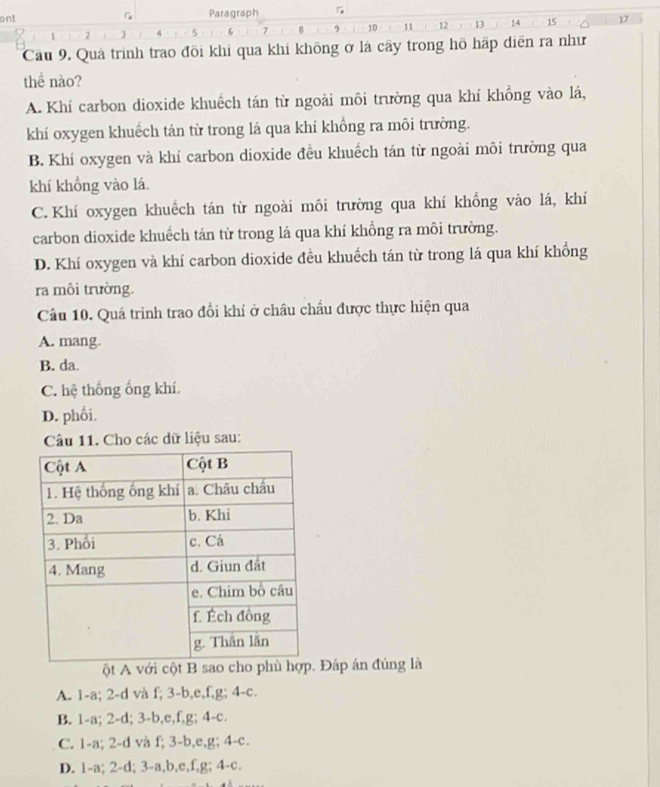 ont Paragraph
2 3 4 5 6 7 8 9 10 11 12 13 14 15 17
Cầu 9. Quả trình trao đôi khi qua khi không ở là cây trong hồ hấp diễn ra như
thể nào?
A. Khí carbon dioxide khuếch tán từ ngoài môi trường qua khí khổng vào lá,
khí oxygen khuếch tán từ trong lá qua khí khồng ra môi trường.
B. Khí oxygen và khí carbon dioxide đều khuếch tán từ ngoài môi trường qua
khí khổng vào lá.
C. Khí oxygen khuếch tán từ ngoài môi trường qua khí khổng vào lá, khí
carbon dioxide khuếch tán từ trong lá qua khí khổng ra môi trường.
D. Khí oxygen và khí carbon dioxide đều khuếch tán từ trong lá qua khí khổng
ra môi trường.
Câu 10. Quá trình trao đổi khí ở châu chẩu được thực hiện qua
A. mang.
B. da.
C. hệ thống ống khí.
D. phối.
Câu 11. Cho các dữ liệu sau:
ột A với cột B Đáp án đúng là
A. 1-a; 2-d và f; 3-b, e, f, g; 4-c.
B. 1-a; 2-d; 3-b, e, f, g; 4-c.
C. 1-a; 2-d và f; 3-b, e, g; 4-c.
D. 1-a; 2-d; 3-a, b, e, f, g; 4-c.