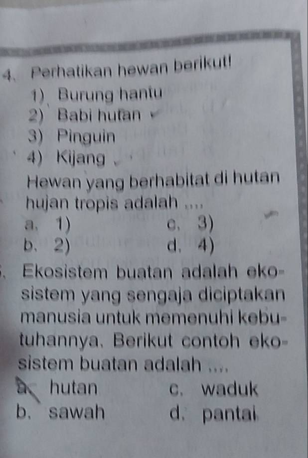 Perhatikan hewan berikut!
1) Burung hantu
2) Babi hutan
3) Pinguin
4) Kijang
Hewan yang berhabitat di hutan
hujan tropis adalah ....
a. 1) c、3)
b.2) d. 4)
. Ekosistem buatan adalah eko-
sistem yang sengaja diciptakan
manusia untuk memenuhi kebu-
tuhannya. Berikut contoh eko-
sistem buatan adalah ....
a hutan c. waduk
b. sawah d. pantai