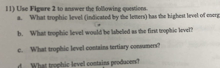 Use Figure 2 to answer the following questions. 
a. What trophic level (indicated by the letters) has the highest level of energ 
b. What trophic level would be labeled as the first trophic level? 
c. What trophic level contains tertiary consumers? 
d. What trophic level contains producers?