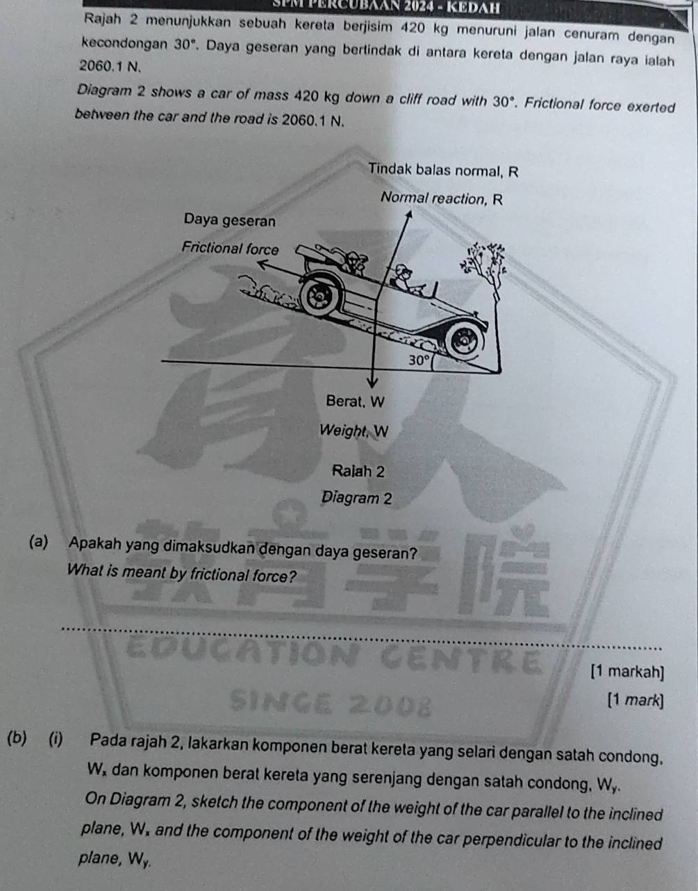 SPM PERCUBAAN 2024 - KEDAH 
Rajah 2 menunjukkan sebuah kereta berjisim 420 kg menuruni jalan cenuram dengan 
kecondongan 30°. Daya geseran yang bertindak di antara kereta dengan jalan raya ialah
2060.1 N. 
Diagram 2 shows a car of mass 420 kg down a cliff road with 30°. Frictional force exerted 
between the car and the road is 2060.1 N. 
Tindak balas normal, R
Normal reaction, R
Daya geseran 
Frictional force
30°
Berat, W
Weight, W
Rajah 2 
Diagram 2 
(a) Apakah yang dimaksudkan dengan daya geseran? 
What is meant by frictional force? 
[1 markah] 
[1 mark] 
(b) (i) Pada rajah 2, lakarkan komponen berat kereta yang selari dengan satah condong.
W, dan komponen berat kereta yang serenjang dengan satah condong, W,. 
On Diagram 2, sketch the component of the weight of the car parallel to the inclined 
plane, W, and the component of the weight of the car perpendicular to the inclined 
plane, W_y.