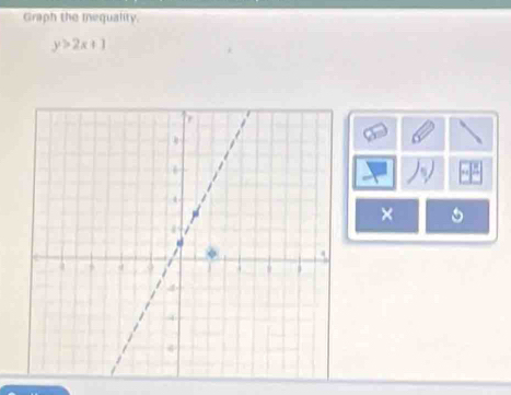 Graph the mequality.
y>2x+1
×