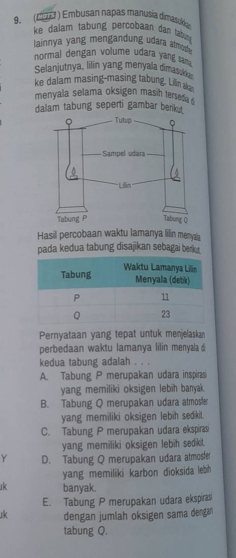 (Lod) Embusan napas manusía dimasukkar
ke dalam tabung percobaan dan tabung 
lainnya yang mengandung udara atmosfer
normal dengan volume udara yang sama
Selanjutnya, lilin yang menyala dimasukkan
ke dalam masing-masing tabung. Lilin akan
menyala selama oksigen masíh tersedia di
dalam tabung seperti gambar berikut.
Hasil percobaan waktu lamanya lilin menyala
pada kedua tabung disajikan sebagai berku
Pernyataan yang tepat untuk menjelaskan
perbedaan waktu lamanya lilin menyala di
kedua tabung adalah . . .
A. Tabung P merupakan udara inspirasi
yang memiliki oksigen lebih banyak.
B. Tabung Q merupakan udara atmosfer
yang memiliki oksigen lebih sedikit.
C. Tabung P merupakan udara ekspirasi
yang memiliki oksigen lebih sedikit.
Y D. Tabung Q merupakan udara atmosfer
yang memiliki karbon dioksida lebih
k banyak.
E. Tabung P merupakan udara ekspirasi
k dengan jumlah oksigen sama dengan
tabung Q.