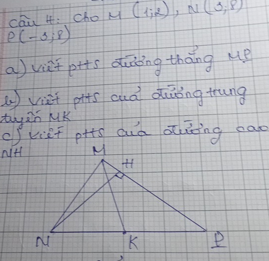 ch 4: choM (1,2), N(3,8)
P(-3,8)
a)vùq ps diing thāng Me 
(viet pts cuà aiāíng trung 
tyzn MK 
of xiet ps cuà aiong eao 
NH