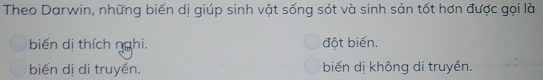 Theo Darwin, những biến dị giúp sinh vật sống sót và sinh sản tốt hơn được gọi là
biến dị thích nghi. đột biến.
biến dị di truyền. biến dị không di truyền.