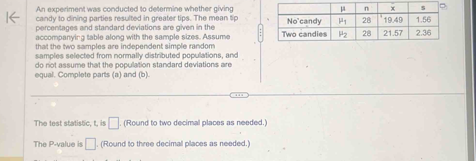 An experiment was conducted to determine whether giving
candy to dining parties resulted in greater tips. The mean tip 
percentages and standard deviations are given in the
accompanying table along with the sample sizes. Assume 
that the two samples are independent simple random
samples selected from normally distributed populations, and
do not assume that the population standard deviations are
equal. Complete parts (a) and (b).
The test statistic, t, is □. (Round to two decimal places as needed.)
The P-value is □. (Round to three decimal places as needed.)