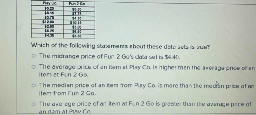 Which of the following statements about these data sets is true?
The midrange price of Fun 2 Go's data set is $4.40.
The average price of an item at Play Co. is higher than the average price of an
item at Fun 2 Go.
The median price of an item from Play Co. is more than the median price of an
item from Fun 2 Go.
The average price of an item at Fun 2 Go is greater than the average price of
an item at Plav Co.