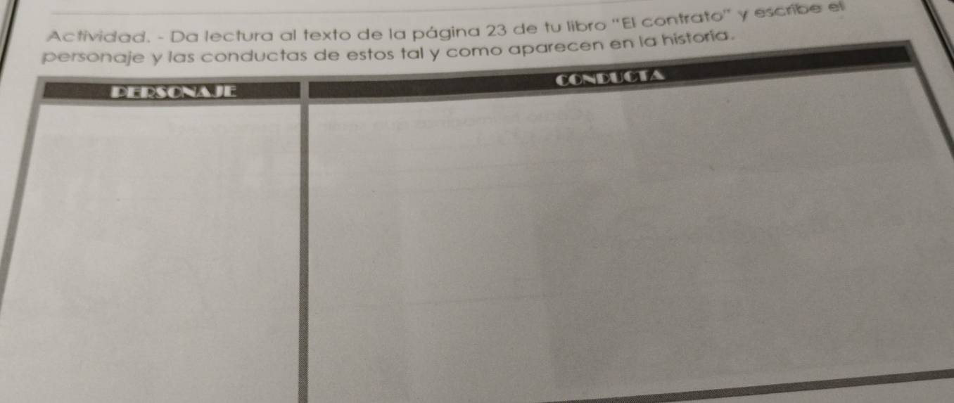 Actividad. - Da lectura al texto de la página 23 de tu libro ''El contrato'' y escribe el 
personaje y las conductas de estos tal y como aparecen en la historía. 
CONDUCTA 
DERSONAJE