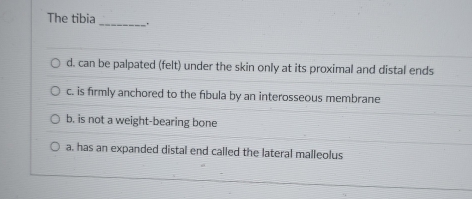 Solved: The tibia _. d. can be palpated (felt) under the skin only at ...