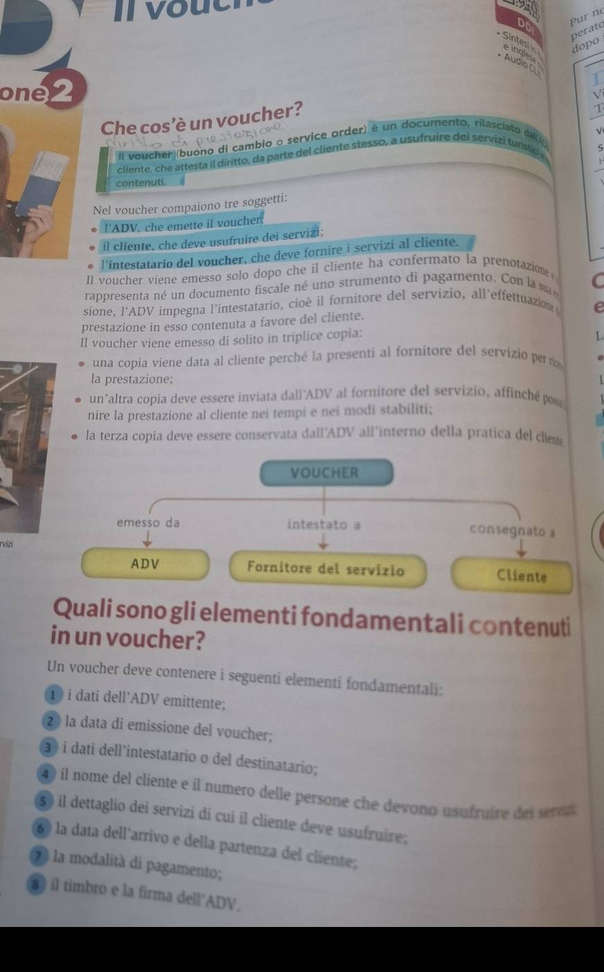 Il vout 2
oD   Pr no
perato
dopo
Sintes i e ingles
*  Au di 
one 
Che cos’è un voucher?
Il voucher (buono di cambio o service order) é un documento, rilasciato dar e
cliente, che attesta il diritto, da parte del cliente stesso, a usufruire dei servizi turistic
contenuti.
Nel voucher compaiono tre soggetti:
l'ADV, che emette il voucher.
il cliente, che deve usufruire dei servizi;
l'intestatario del voucher, che deve fornire i servizi al cliente.
Il voucher viene emesso solo dopo che il cliente ha confermato la prenotazione
rappresenta né un documento fiscale né uno strumento di pagamento. Con la su C
sione, l'ADV impegna l’intestatario, cioè il fornitore del servizio, all’effettuazion,
e
prestazione in esso contenuta a favore del cliente.
Il voucher viene emesso di solito in triplice copia:
L
una copia viene data al cliente perché la presenti al fornitore del servizio per to
la prestazione; 1
un'altra copia deve essere inviata dall'ADV al fornitore del servizio, affinché pos
nire la prestazione al cliente nei tempi e nei modi stabiliti;
la terza copia deve essere conservata dall'ADV all'interno della pratica del cliem
VOUCHER
emesso da intestato a consegnato a
rvizi
ADV Fornitore del servizio Cliente
Quali sono gli elementi fondamentali contenuti
in un voucher?
Un voucher deve contenere i seguenti elementi fondamentali;
① i dati dell’ADV emittente;
2  la data di emissione del voucher;
3  i dati dell'intestatario o del destinatario;
40 il nome del cliente e il numero delle persone che devono asufruire des seron
s ) il dettaglio dei servizi di cui il cliente deve usufruire;
60 la data dell’arrivo e della partenza del cliente;
7 ) la modalità di pagamento;
8 ) il timbro e la firma dell'ADV.