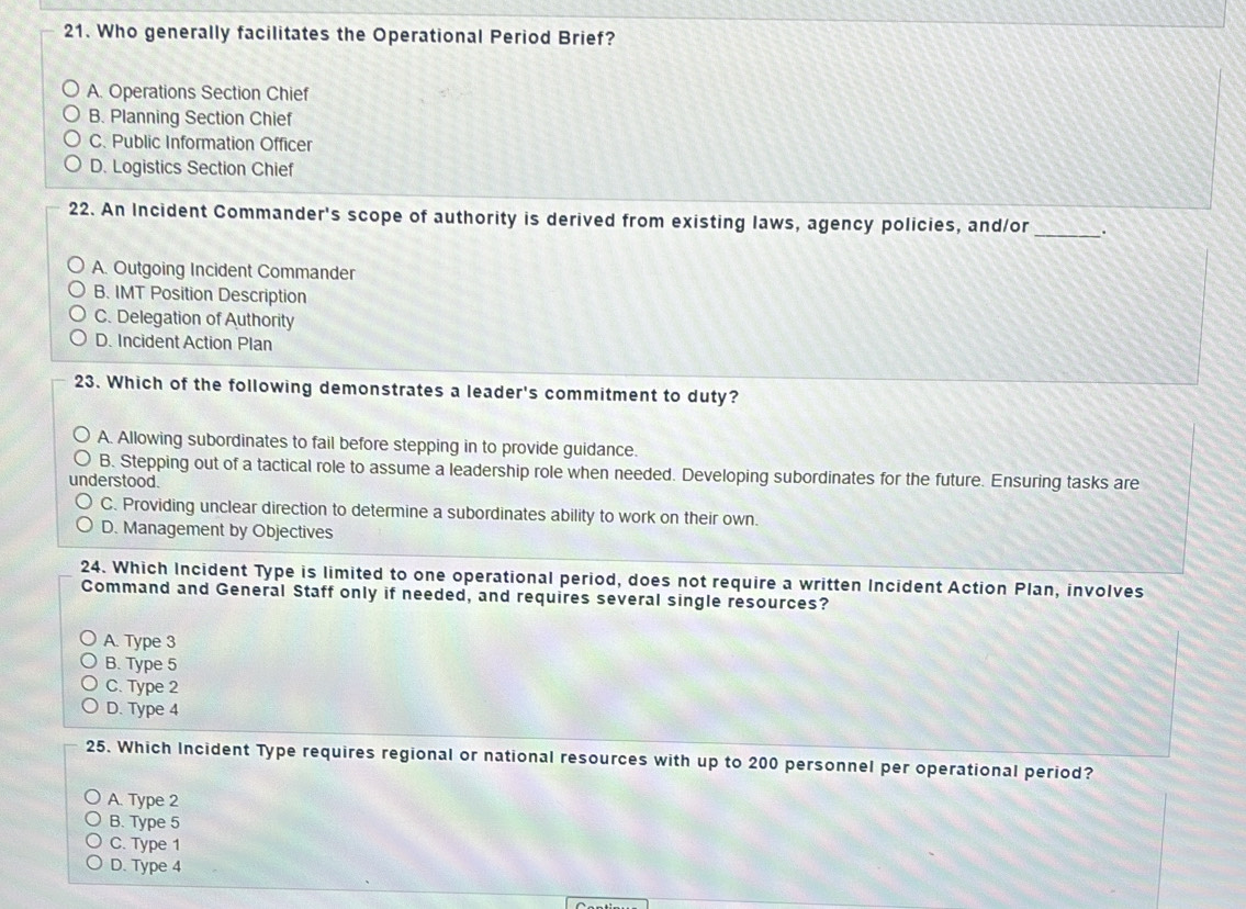 Solved: Who generally facilitates the Operational Period Brief? A ...
