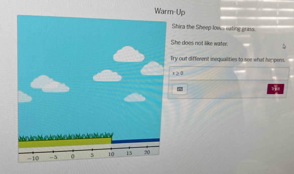 Wam-Up 
Shira the Sheep loves eating grass. 
She does not like water. 
Try out different inequalities to see what happens.
x≥ 0
Try î