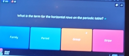 a
What is the term for the horizontal rows on the periodic table? -
family Perod Group Stripe