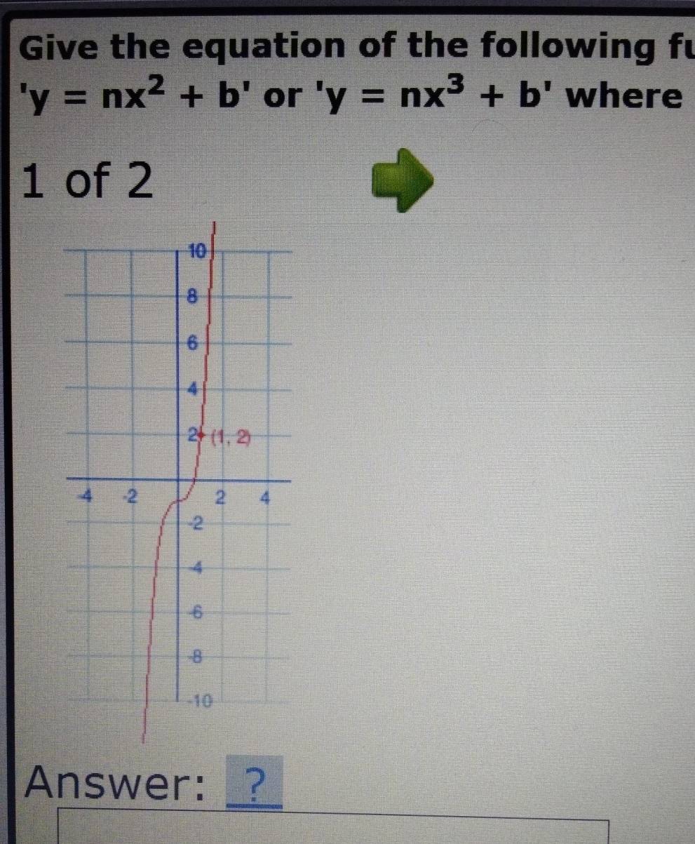 Give the equation of the following fu
'y=nx^2+b' or 'y=nx^3+b' where
1 of 2
Answer: