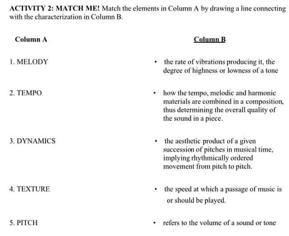 ACTIVITY 2: MATCH ME! Match the elements in Column A by drawing a line connecting 
with the characterization in Column B. 
Column A Column B 
1. MELODY the rate of vibrations producing it, the 
degree of highness or lowness of a tone 
2. TEMPO how the tempo, melodic and harmonic 
materials are combined in a composition, 
thus determining the overall quality of 
the sound in a piece. 
3. DYNAMICS the aesthetic product of a given 
succession of pitches in musical time, 
implying rhythmically ordered 
movement from pitch to pitch. 
4. TEXTURE the speed at which a passage of music is 
or should be played. 
5. PITCH refers to the volume of a sound or tone